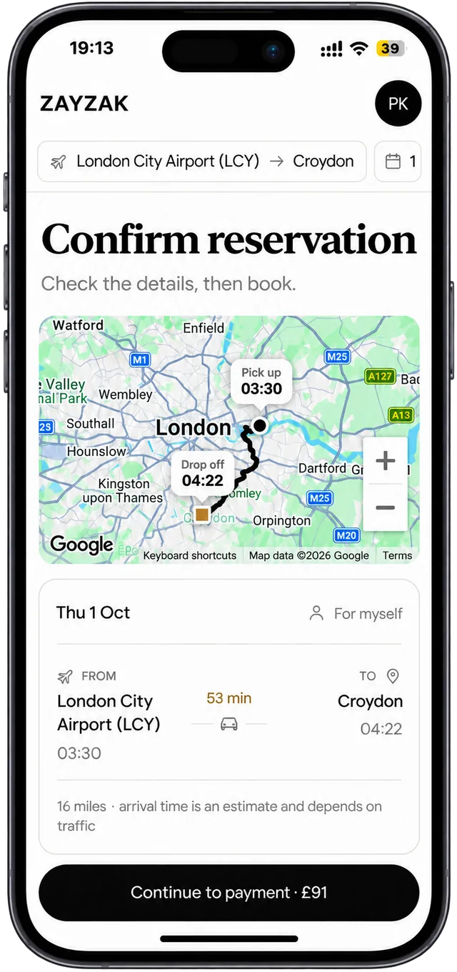Zayzak booking screen: confirm reservation, with pickup and drop-off times and the fixed price