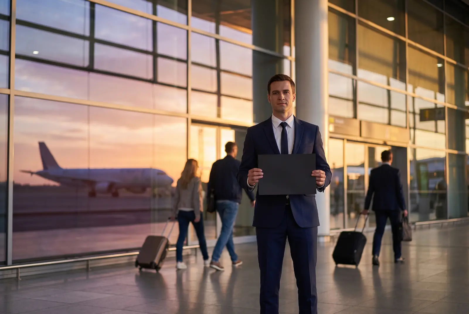 A chauffeur in a dark suit waiting in an airport arrivals hall with a name board