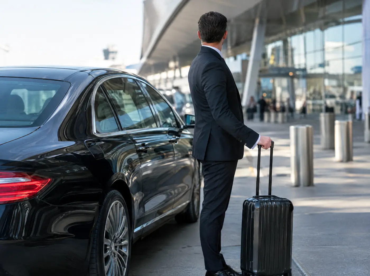 A chauffeur with a suitcase beside a black saloon at an airport terminal