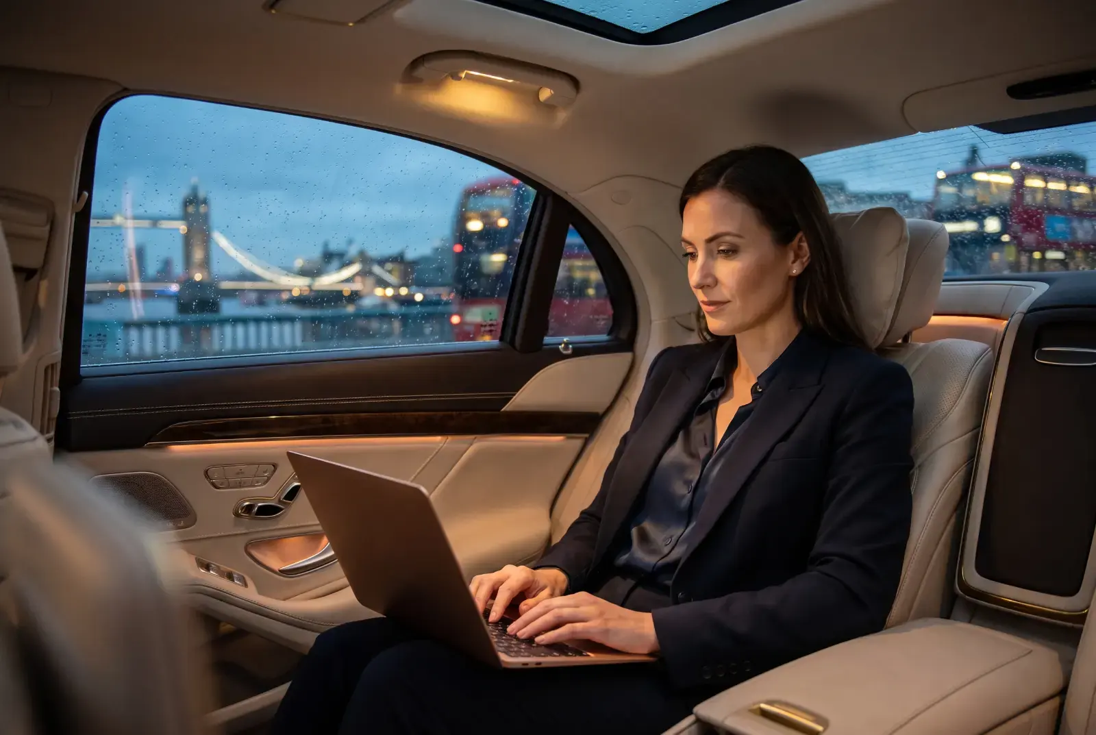 A business traveller working on a laptop in the back of a chauffeur-driven car in London
